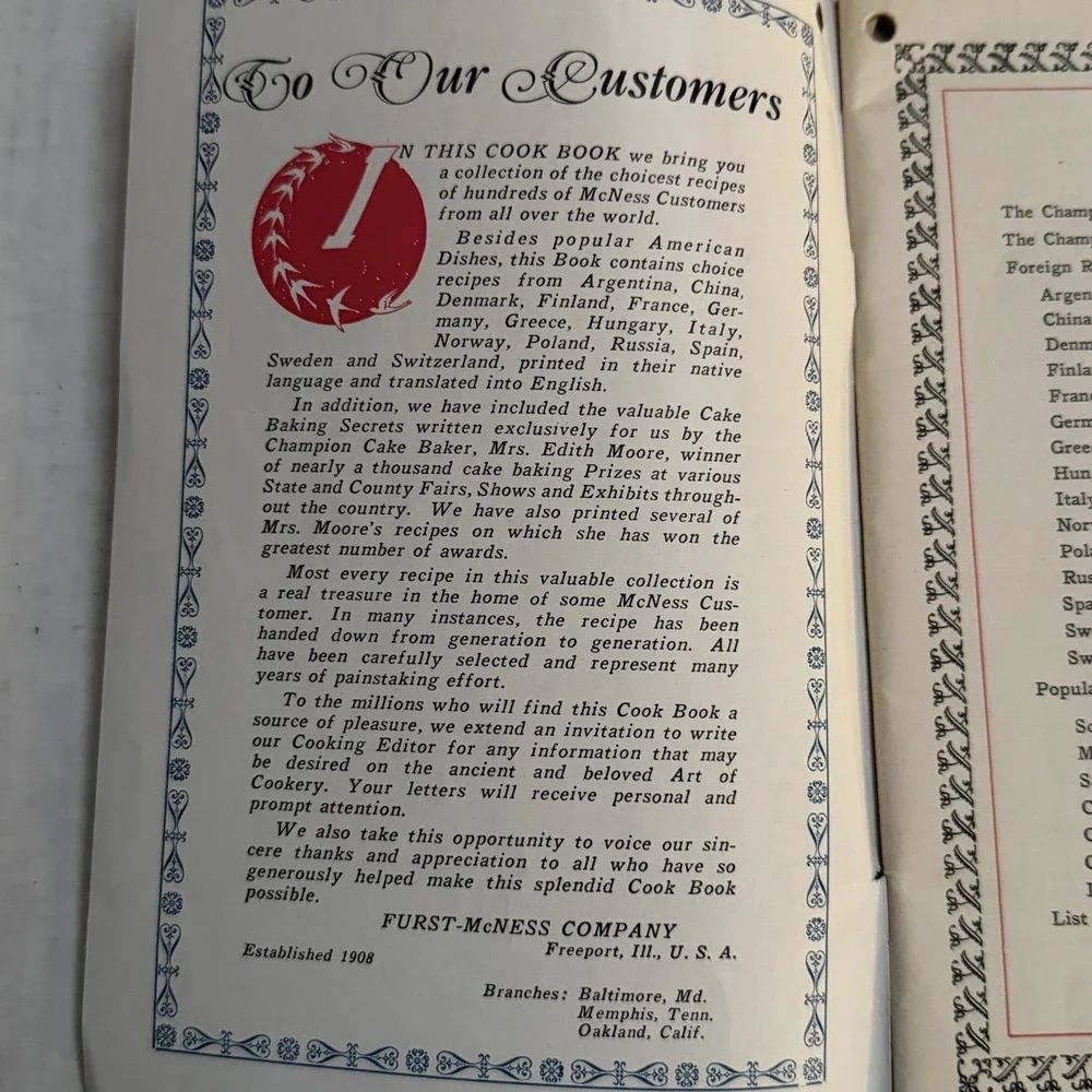 Vintage McNess Cook Book Furst-McNess Company Foreign and American Recipes 64pg